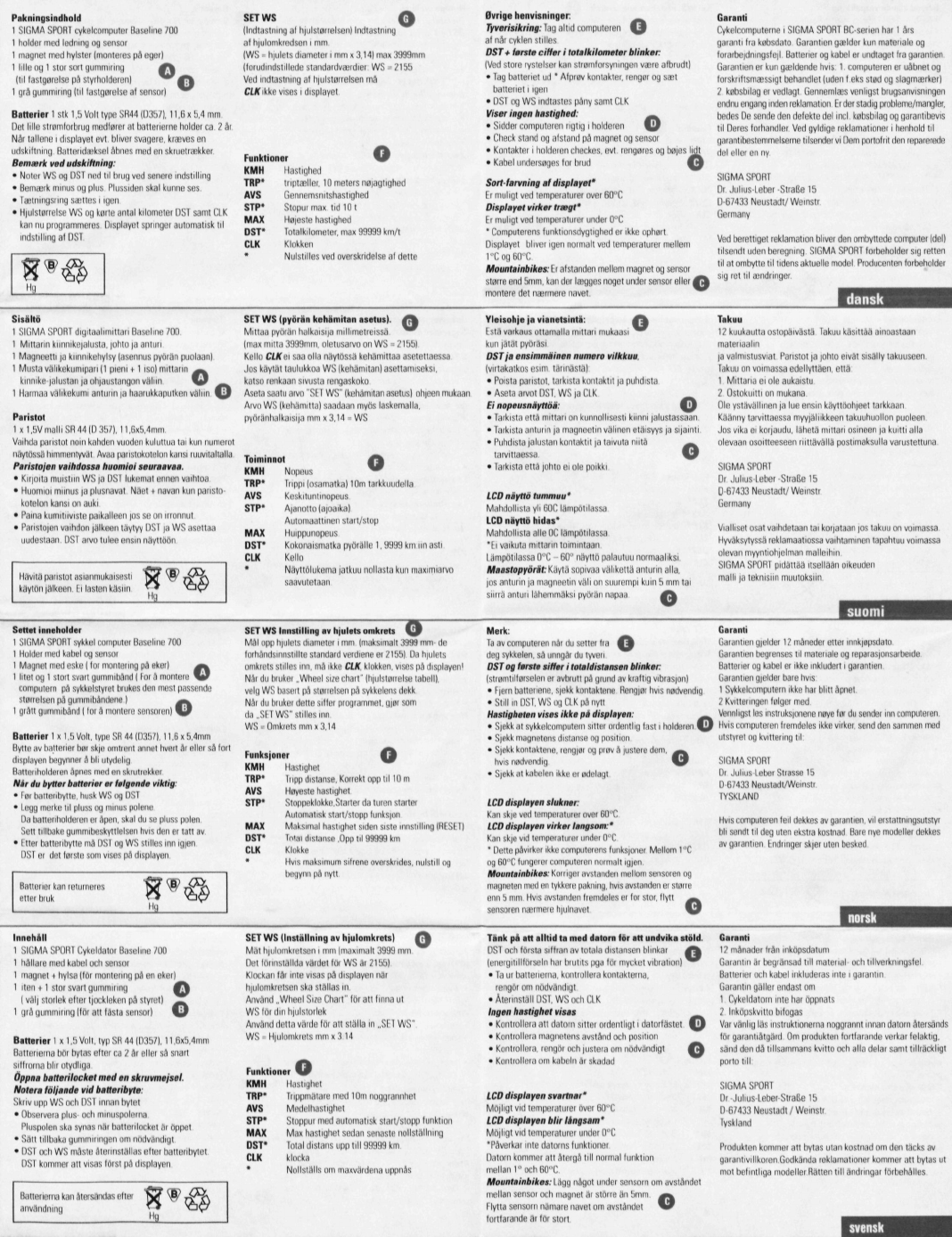 Handleiding Sigma Sport Baseline 700 1999 Pagina 4 Van 6 Dansk